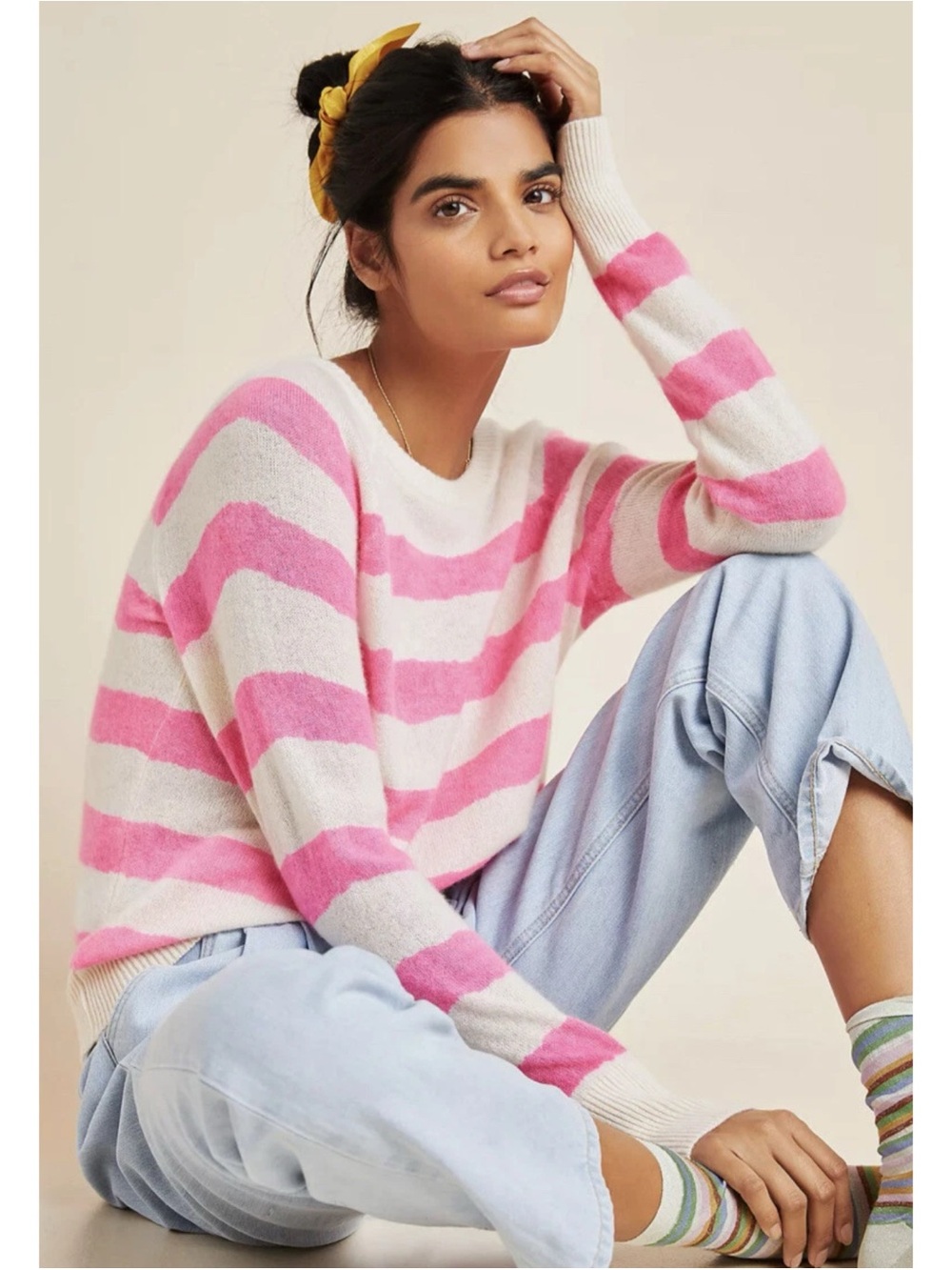 $320 White + Warren Neon-Striped Cashmere Sweater Size M